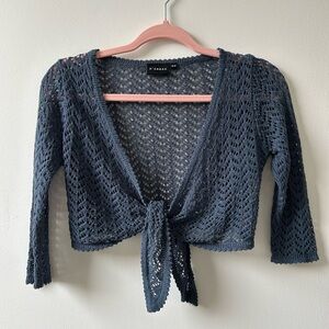 Navy Cropped Knit Tie-Front Sweater